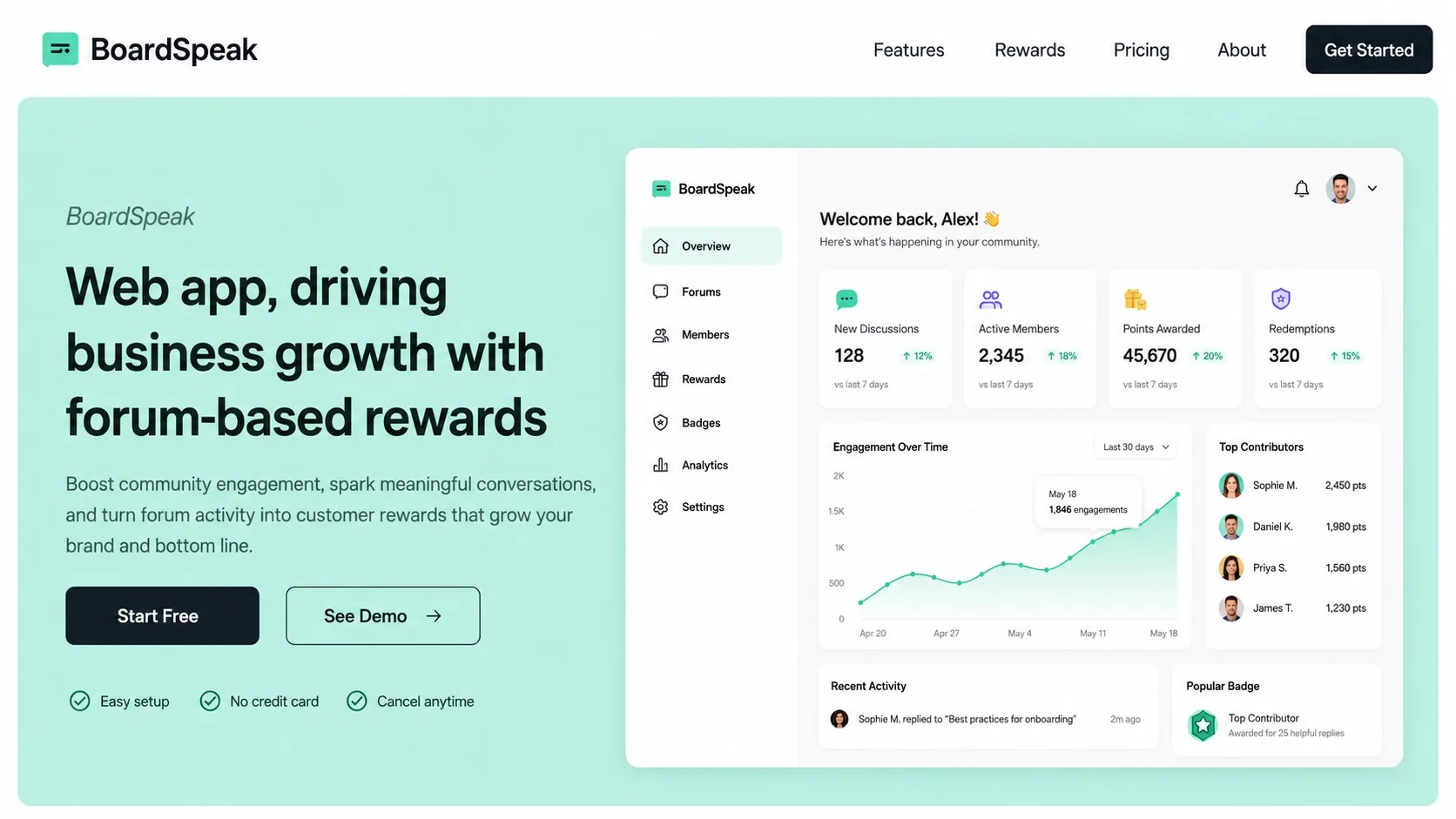 BoardSpeak web app preview showing rewards and community interface