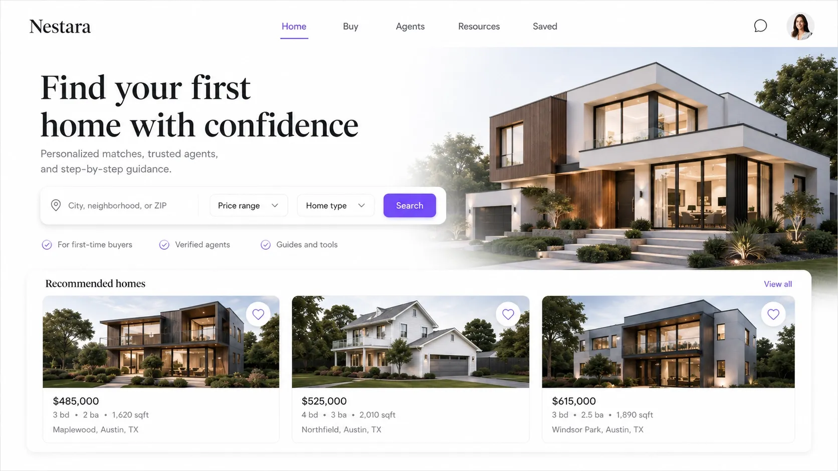 Nestara mobile app preview showing real estate product screens